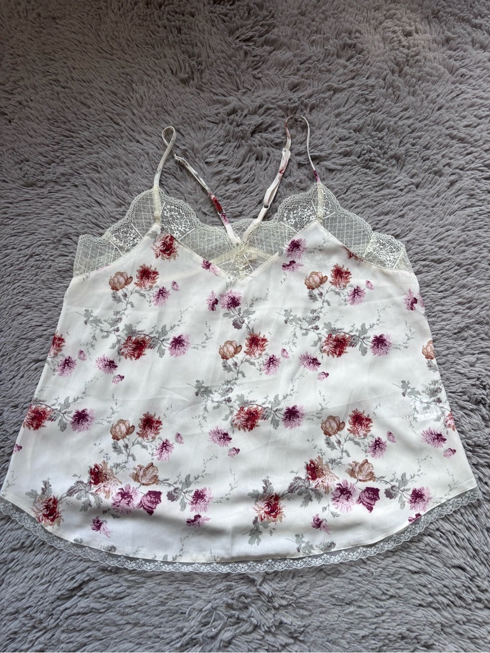 LA MIEL White Floral Lace-Trim Cami with Pink & Burgundy Blooms size Medium